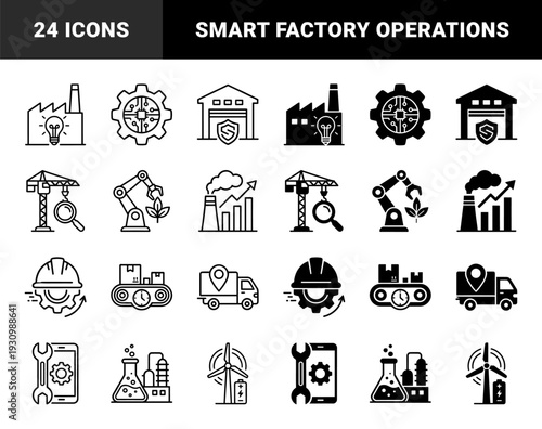 Industrial Smart Manufacturing Hybrid Icon Set Featuring Sustainable Factory Energy Logistics Automation and Maintenance Management System Visuals