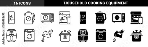 Hybrid Kitchen Appliance Symbols Merging Culinary Tools with Functional Metaphors like Leaves Clocks Hearts and Wings in Line and Solid Styles
