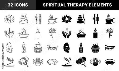 Wellness and holistic therapy hybrid symbols featuring spiritual and spa elements like lotus DNA incense and gemstone dropper bottles in dual style
