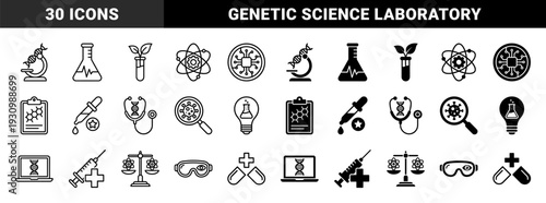 Biotechnology and Genetic Engineering Hybrid Icon Set featuring DNA Microscope Stethoscope Syringe and Lab Flask Combinations in Dual Line and Solid Style