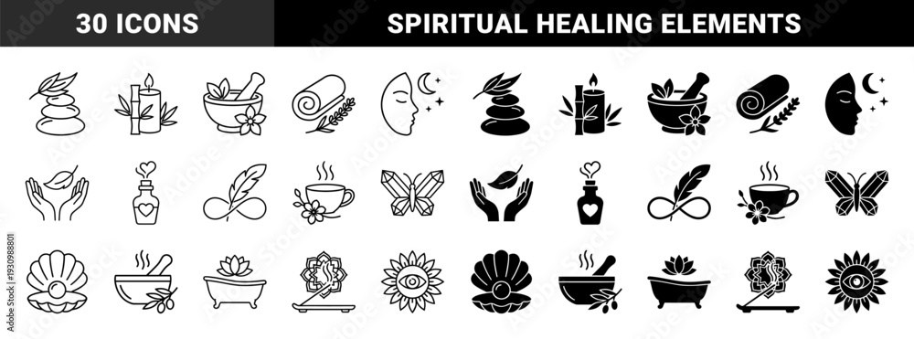 Obraz premium Wellness and Spirituality Hybrid Symbols Featuring Zen Stone Butterfly Crystals Moon Face and Herbal Medicine Elements in Outline and Solid Style
