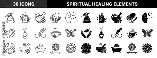 Wellness and Spirituality Hybrid Symbols Featuring Zen Stone Butterfly Crystals Moon Face and Herbal Medicine Elements in Outline and Solid Style