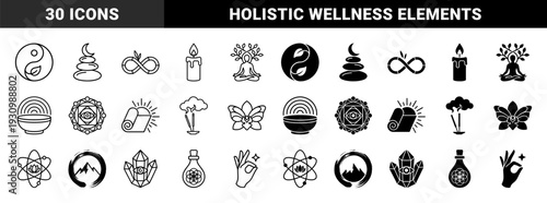 Wellness and spirituality hybrid symbols combining sacred geometry with organic elements like lotus flowers yoga mats and meditation figures in outline and solid styles