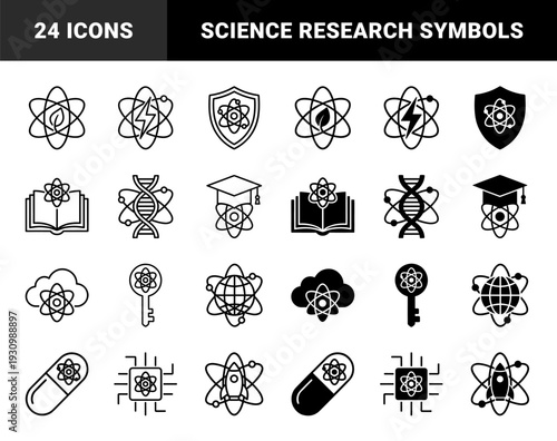 Hybrid Atomic Science Symbol Set Merging Nucleus Structures with Education Medicine Global Connectivity and Sustainable Energy Concepts in Outline and Solid Styles