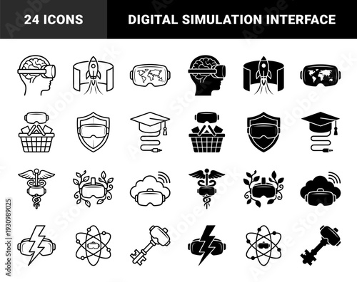 Virtual reality hybrid symbols merging digital headsets with medical caduceus rocket ships education caps and natural organic elements in outline and solid styles