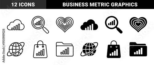Black and white hybrid symbols merging data bar charts with cloud magnifying glass shopping bag and folder shapes in outline and solid styles
