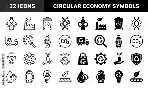 Circular economy and sustainability hybrid symbols featuring recycled bottle infinity loops green factory energy battery life and carbon emission reduction