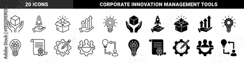 Hybrid business growth and innovation icons featuring rocket launch hand startup success development lightbulb gear and team management symbols