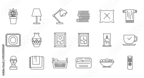 Collection of Hand Drawn Icons Representing Home Decor and Objects.