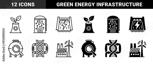 Sustainable industrial energy icons featuring hybrid designs of green power plants hydroelectric dams wind turbines and smart storage tanks in outline and solid styles