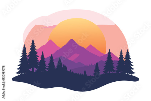 Winter mountain landscape with snowy trees and sunlit hills