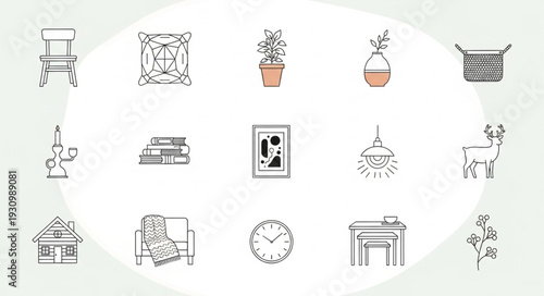 Collection of hand drawn icons representing home decor and lifestyle elements.