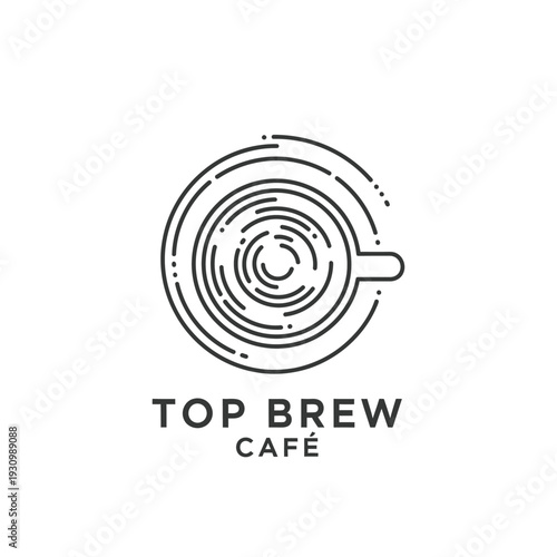 Top view coffee cup line art icon for modern cafeteria branding logo Top Brew Café