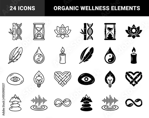 Symmetric hybrid symbols merging organic and spiritual elements like bamboo DNA strands lotus gears hourglass stones and leaf lightbulbs in dual stroke and solid styles