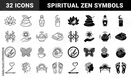Wellness and Spirituality Hybrid Symbol Collection Featuring Zen Stone Balance Lotus Yin Yang Butterfly Leaf and Aromatherapy Candle Designs
