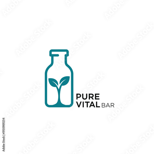Minimalist bottle with plant icon for healthy juice and wellness bar logo Pure Vital Bar