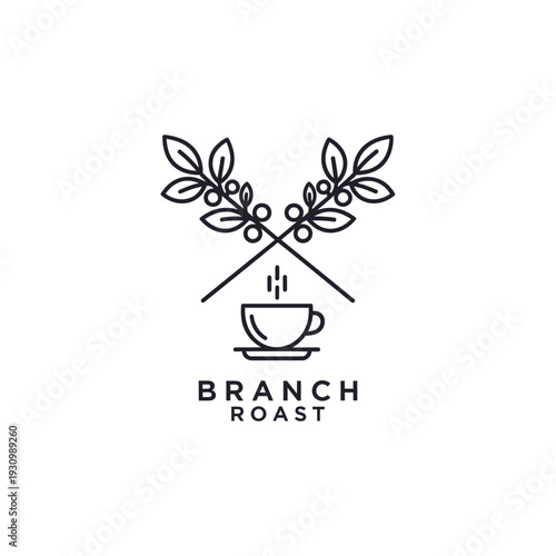 Minimalist coffee cup and berry branch logo for organic cafe Branch Roast