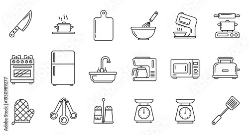 Collection of hand drawn kitchen utensil icons and appliances.