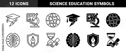 Hybrid education and science linear and solid symbols merging graduation cap with compass microscope with data and brain with circuit board