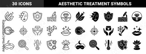 Skincare and Aesthetic Medicine Hybrid Icons Featuring Dermatological Treatments Syringe Leaf Fusion Molecule Face Profile and Cooling Roller