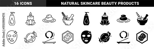 Wellness and holistic spa treatment collection featuring hybrid dual style symbols including zen basalt stones aromatherapy candles and botanical mortar with pestle