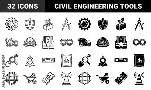 Construction and Civil Engineering Hybrid Icons Featuring Smart Safety Gear Infrastructure Equipment and Building Material Symbol Combinations