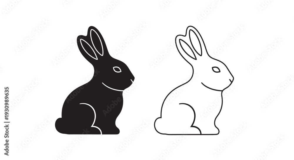 Fototapeta premium Two rabbits illustration: black and white line art drawing of cute bunnies Vector
