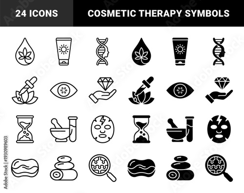 Skincare and Dermatological Treatment Line and Solid Icons Featuring Hybrid Symbols Like DNA Helix Faces and Cucumber Eye Masks for Medical Spa Services