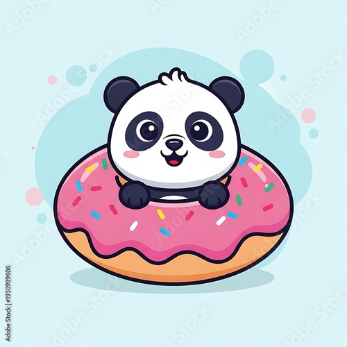 Cute panda bear on pink donut.