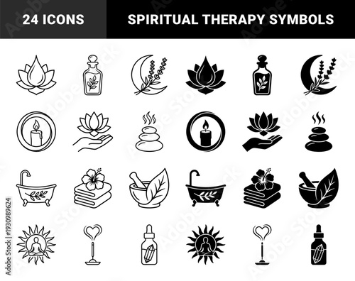Wellness and holistic therapy hybrid symbols featuring lotus flowers combined with hands and aromatic oil bottles with botanical elements in dual outline and solid style