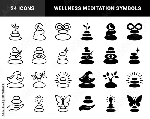 Zen basalt stone stack hybrid symbols featuring organic life elements like sprout bird butterfly and moon in outline and solid versions for wellness branding