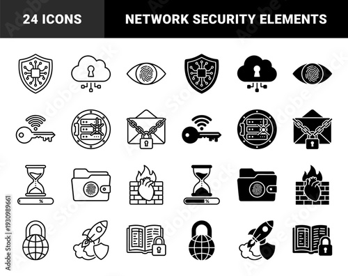 Cybersecurity and digital protection symbols featuring hybrid conceptual designs with linear and solid styles for data encryption and biometric security