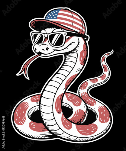 Funny Cartoon Snake with Sunglasses and Patriotic Cap