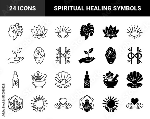 Wellness and Holistic Therapy Symbols Featuring Hybrid Organic Motifs Including Lotus Water Droplets Bamboo Infinity Knots and Floral Mortar Pestle