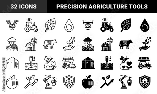 Smart farming and sustainable agriculture icons featuring hybrid designs like drone seedling planting robotic harvester and solar powered tractor