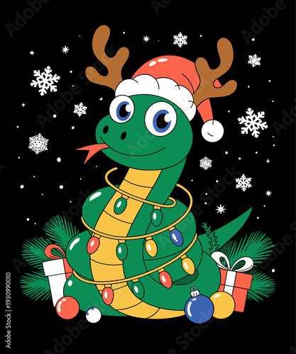 Funny Snake Christmas Lights Reindeer Santa Hat