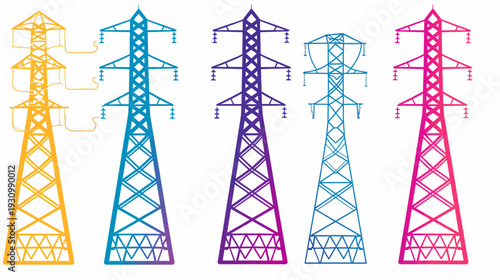 A set of five vibrant electric transmission towers, stylized in color gradients