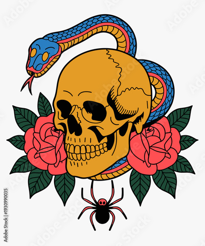 Vintage Ancient Skull Rose Entwined Coloring Snakes Funny