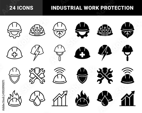Construction Hard Hat Hybrid Symbols Merged with Industrial Gear Circuit Board Leaf Lightning Bolt Magnifying Glass Wrench Flame and Water Drop