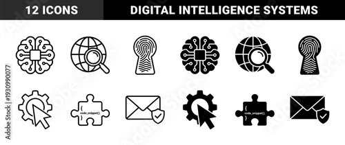 Hybrid cybersecurity and data processing symbols featuring biometric keyhole identification brain processor circuitry and secure encrypted global communication network concepts
