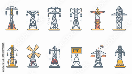A collection of various stylized illustrations of power transmission towers, wind turbines, and energy infrastructure