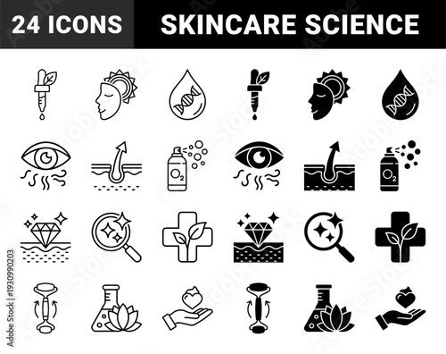 Skincare formulation and dermatology symbols merging natural botanical elements with clinical science featuring lab flasks with lotus and DNA helix water drops