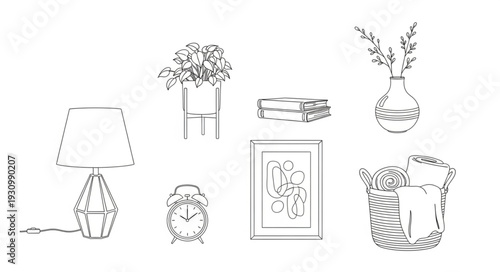 Collection of decorative home interior objects and plants sketch.