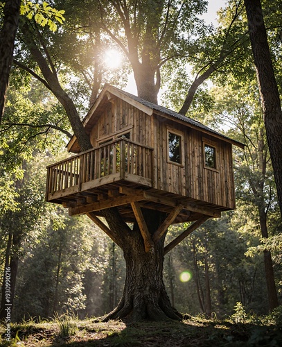 Charming Wooden Treehouse Nestled Among Lush Green Forest Foliage