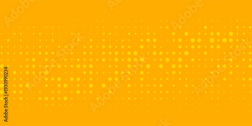 Yellow halftone pattern. Retro comic gradient background. Bright orange pixelated dotted texture overlay. Cartoon pop art faded gradient pattern. Vector backdrop for poster, banner, advertisement