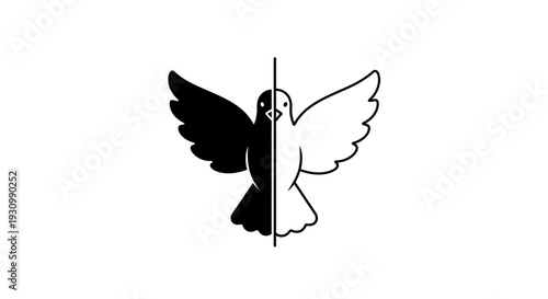 Black and white dove symbolizing peace and freedom with outspread wings Vector