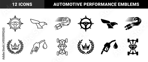 Automotive performance hybrid symbol set featuring steering wheel compass eagle head emblem flame exhaust crown fuel pump nozzle and turbo tornado
