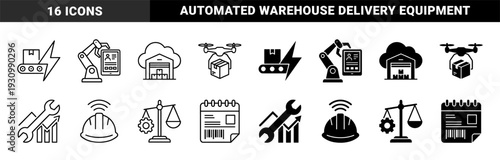Smart logistics and industrial automation icons featuring hybrid designs with robotic arms cloud storage delivery drones and warehouse safety equipment