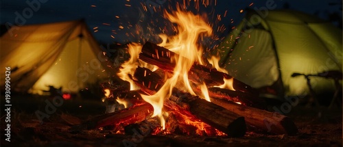 Cozy Campfire Glowing Brightly Near Camping Tents at Nighttime