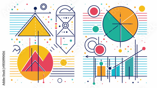 Geometric abstract artwork with graphs, shapes, and color accents, forming a visually intriguing design